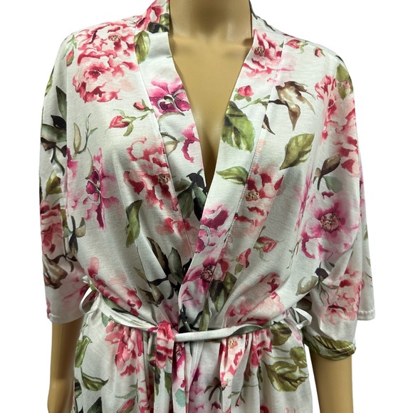 Show Me Your MuMu White Pink Rose Print Floral Belted Robe One Size Fits Most - Picture 2 of 6